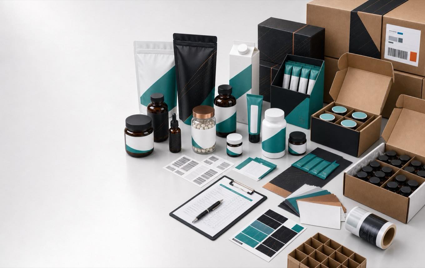 Apollo product range: bottles, pouches, gummies, tubes, and cartons staged on a packout table